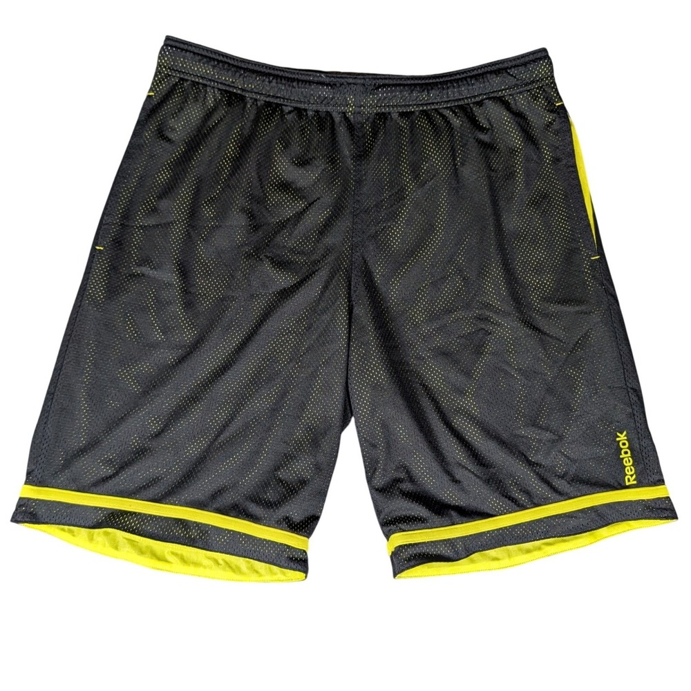 Reebok Mens Basketball Shorts Black Neon Yellow Mesh Athletic Gym Pockets
